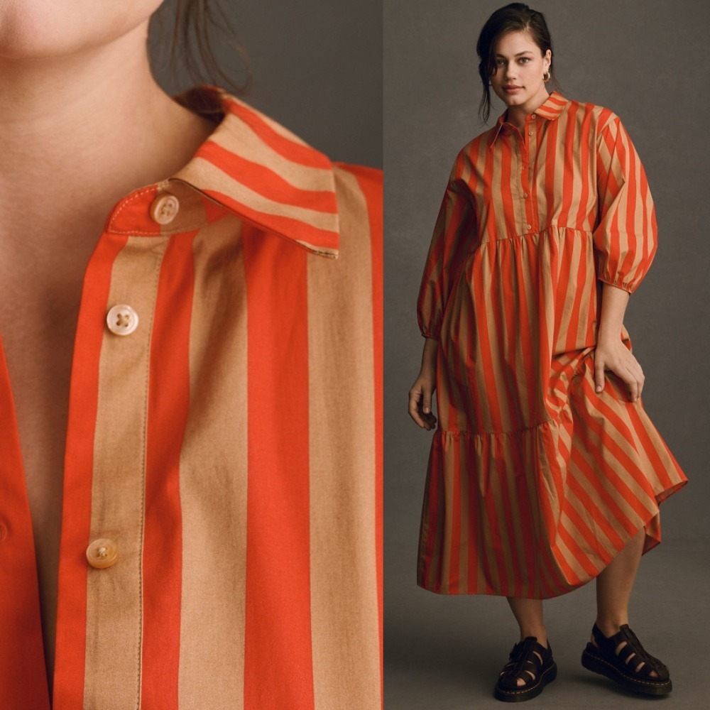 Anthropologie Maeve The Bettina Tiered Shirt Dress 1X Honey Red Stripe Tiered